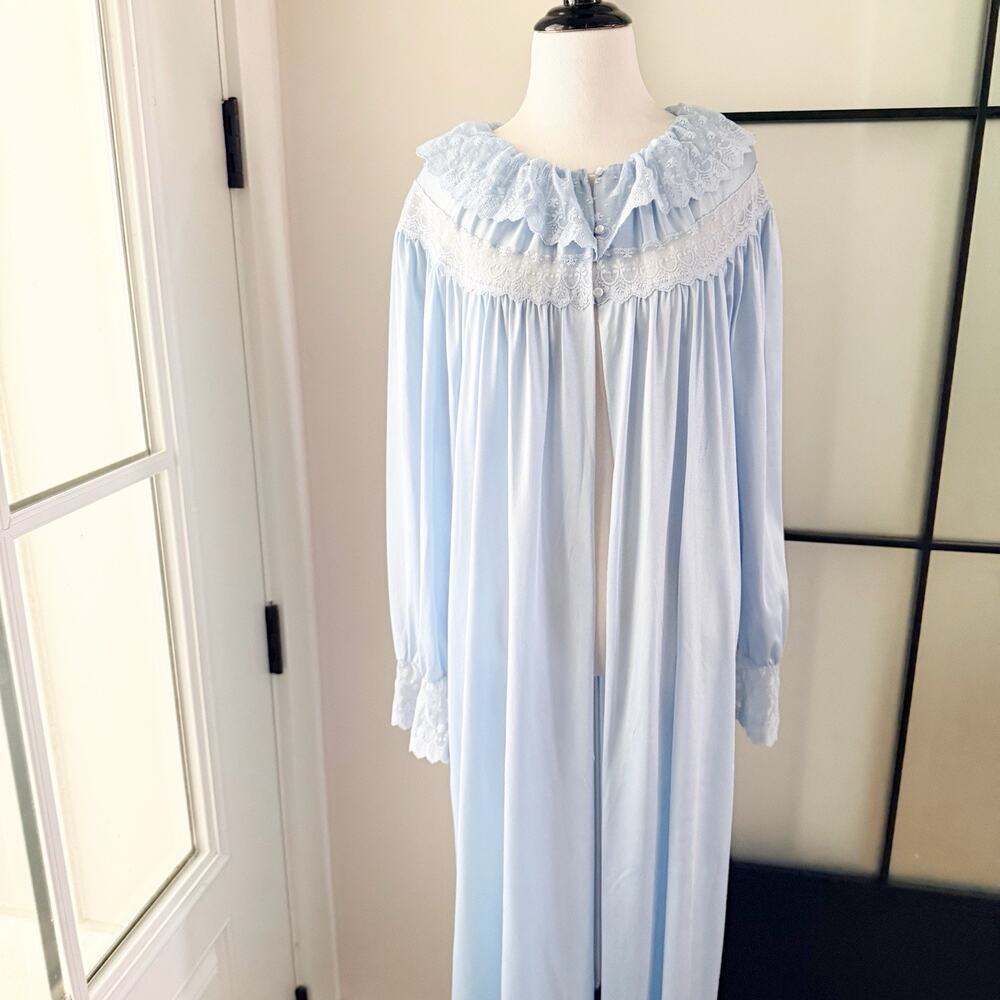 Vintage Gilead Duster Robe Large 100% Nylon Lace Yoke Long Sleeve Blue